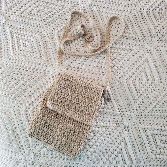 The Sak Handbags - The Sak Crossbody Bag Womens Small Beige Crochet Knit Mini Zip Top‎ Purse Travel